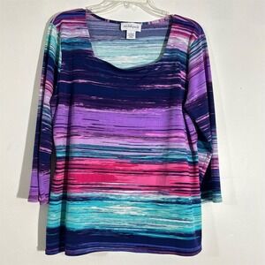 Peck & Peck Women's L Striped 3/4 Sleeve Scoop Neck Blouse Multicolor